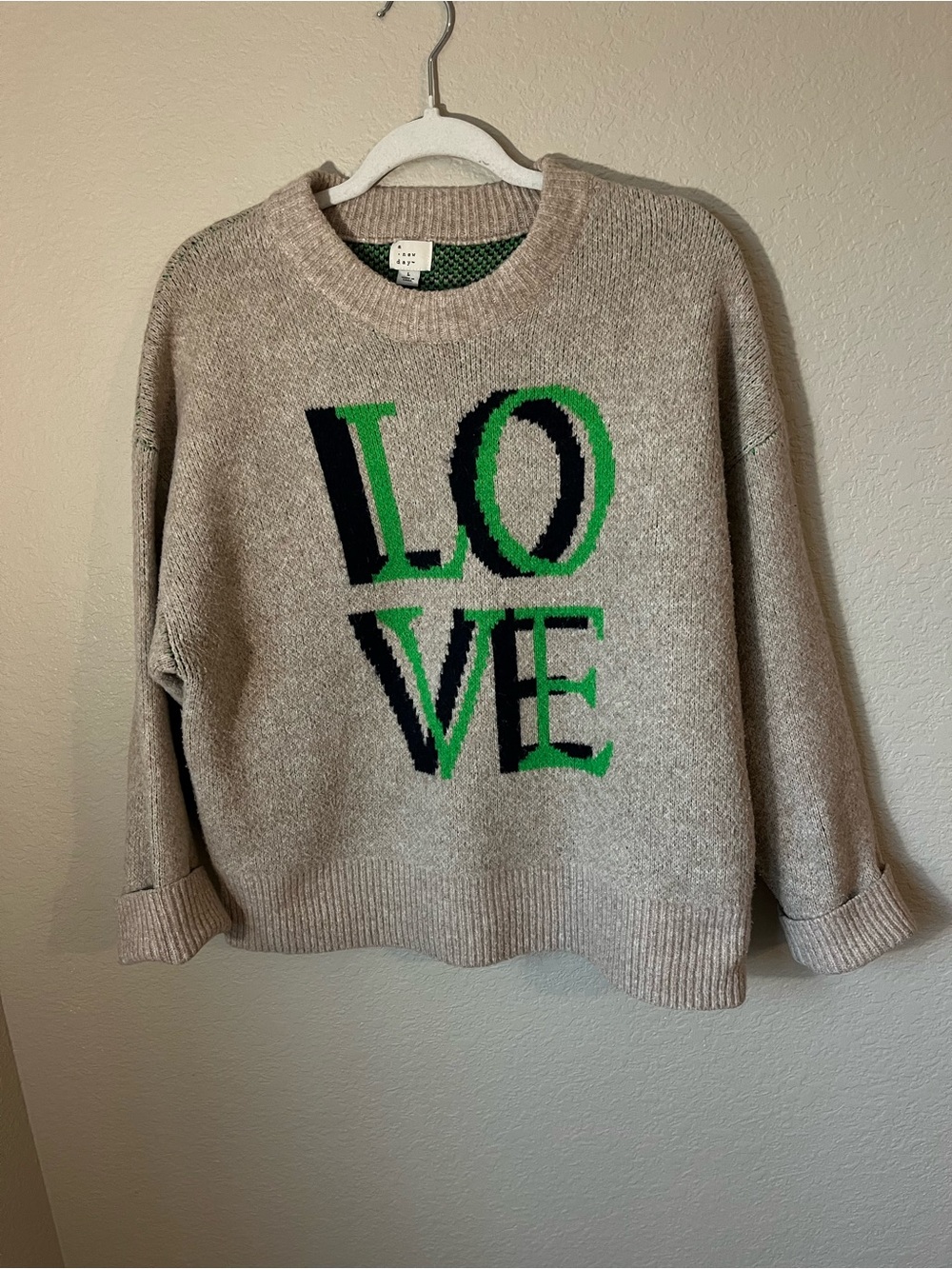 LOVE Graphic Sweater Large Gray Green Oversized Preppy Statement Fall Winter